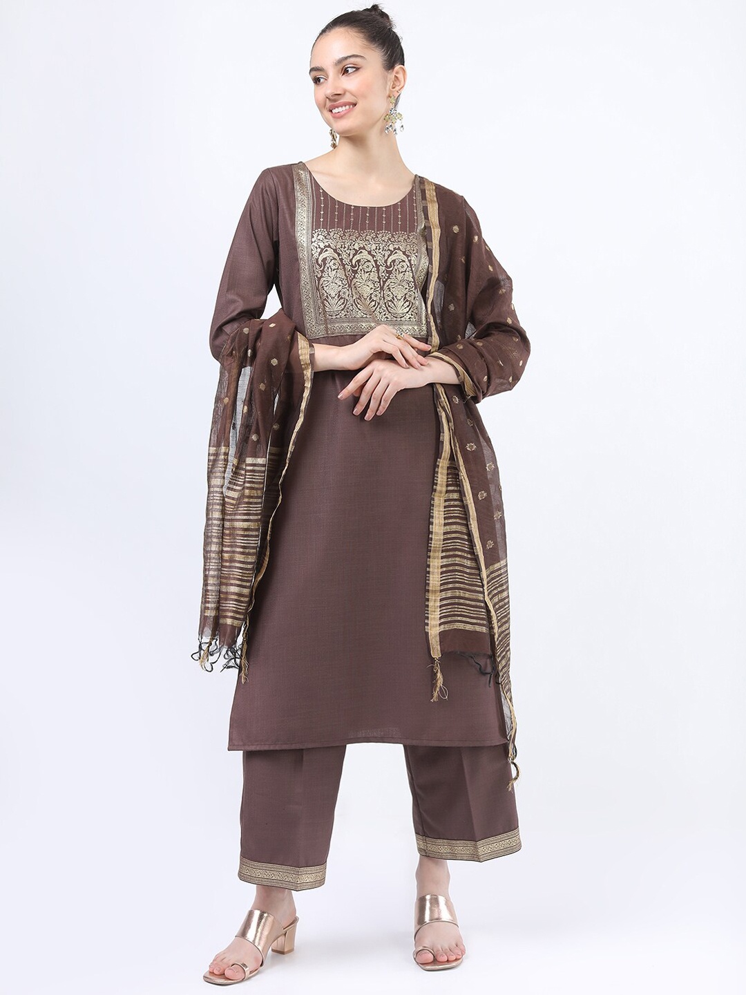 

Ketch Women Taupe Straight Kurta With Trousers & With Dupatta