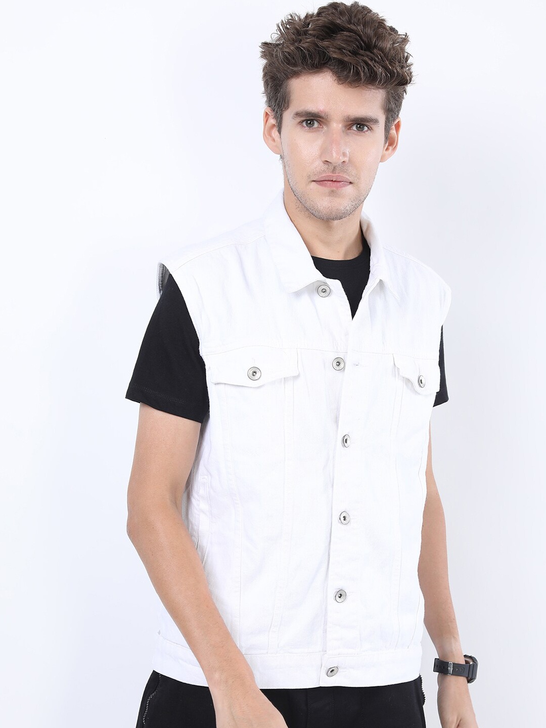 

Locomotive Men White Washed Solid Crop Denim Jacket