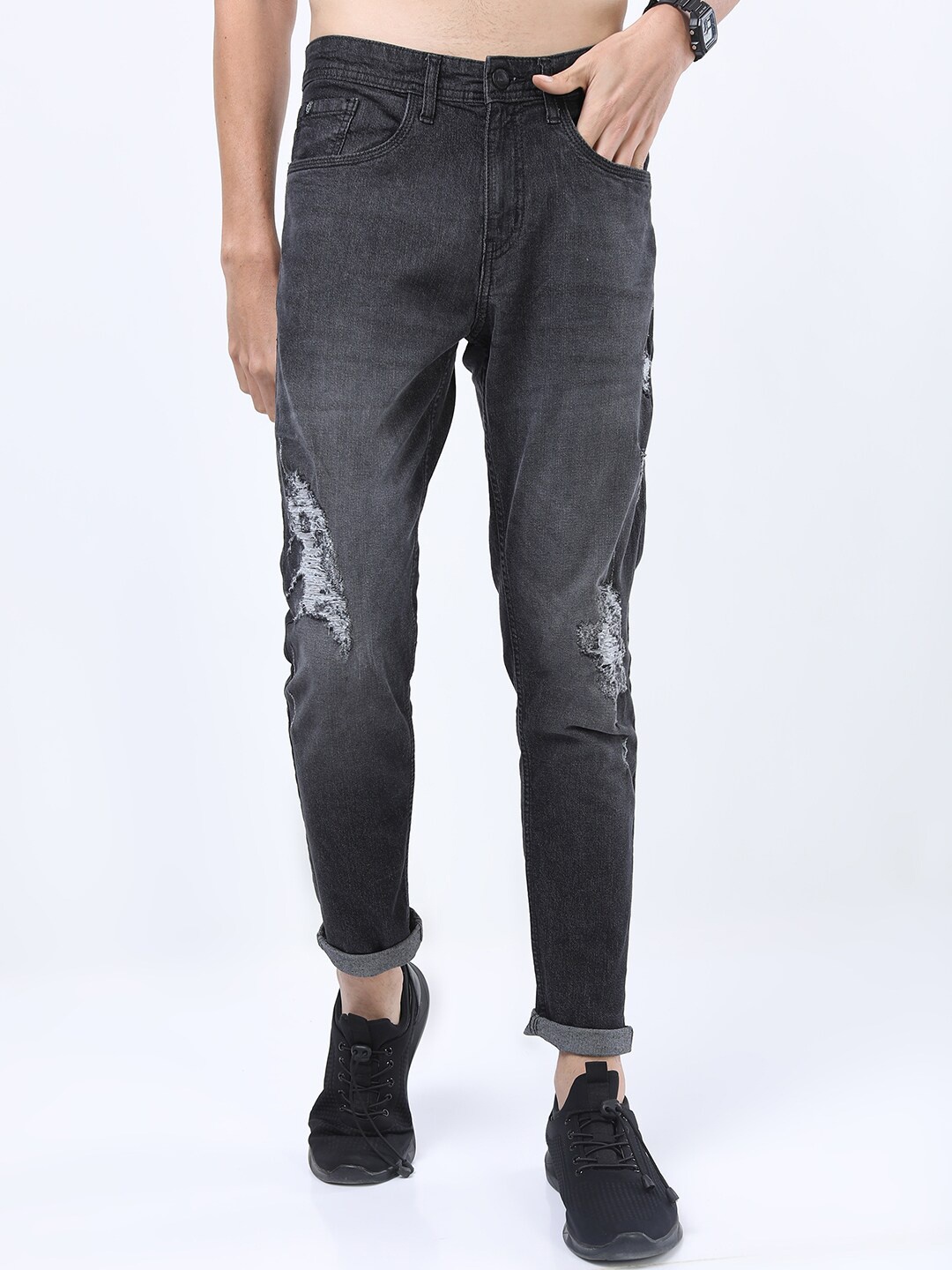 

LOCOMOTIVE Men Charcoal Tapered Fit Highly Distressed Light Fade Ripped Stretchable Jeans