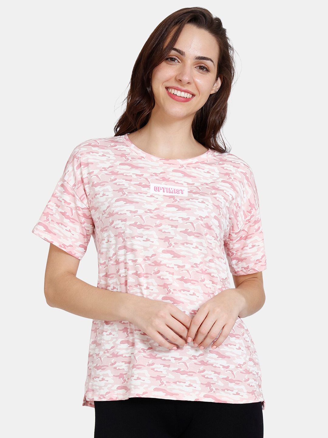 

Zivame Women Pink Printed Round Pure Cotton Neck Short Sleeves Top