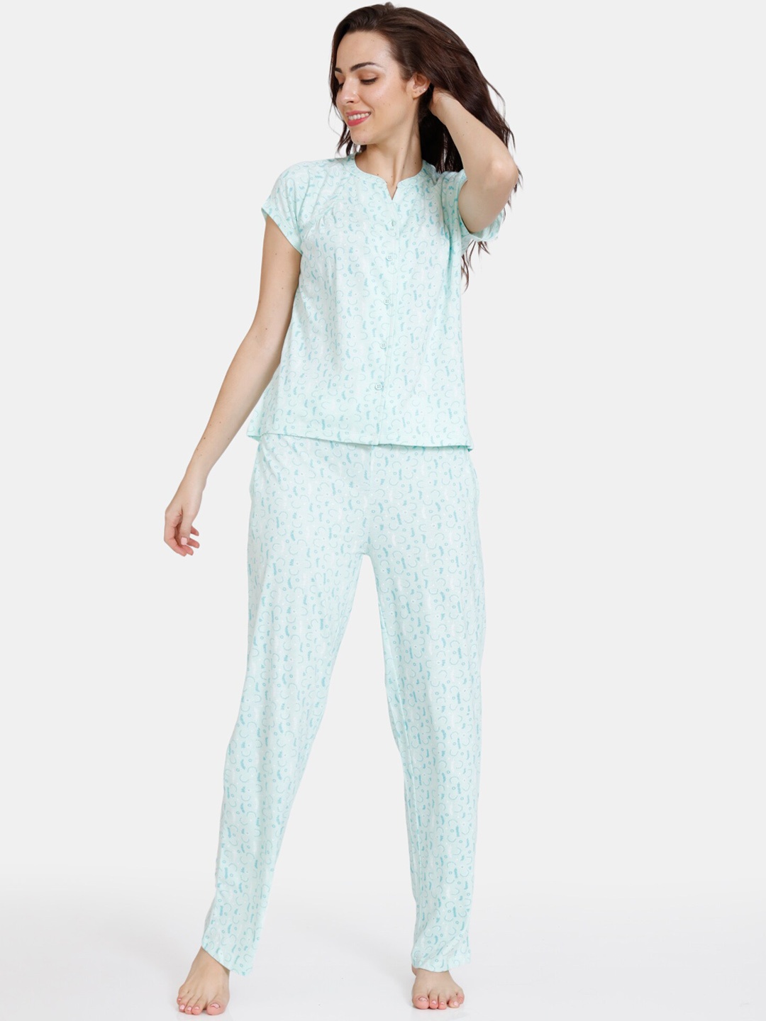 

Zivame Women Blue & White Printed Pure Cotton Night suit