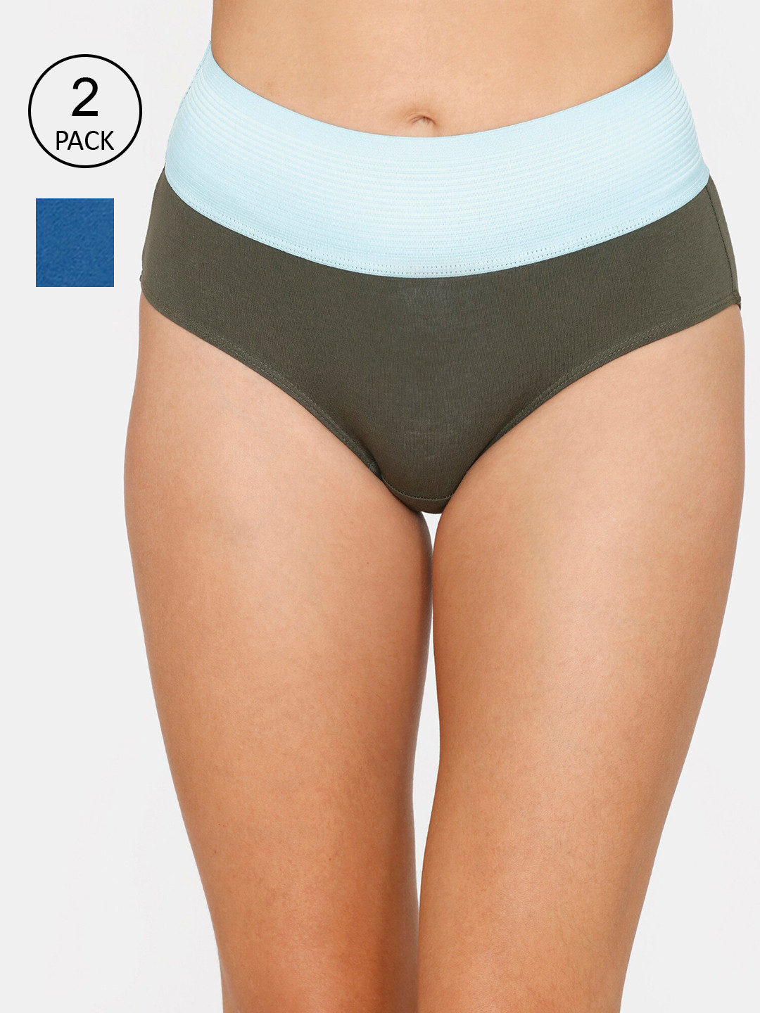 

Zivame Women Pack Of 2 Olive & Blue Solid Cotton Hipster Briefs