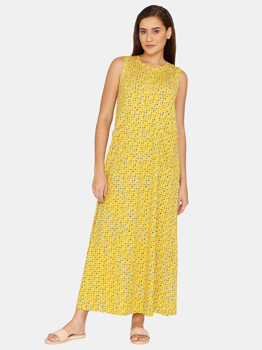 

Zivame Yellow Printed Maxi Nightdress