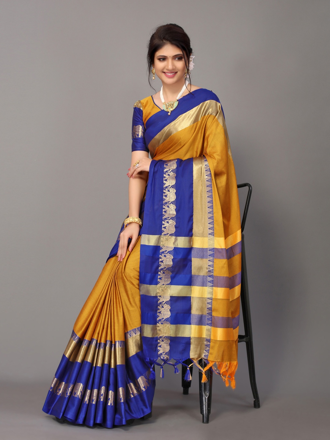 

Satrani Mustard & Blue Woven Design Zari Silk Cotton Saree