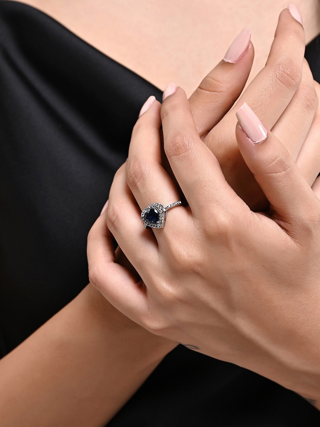 

March by FableStreet 925 Sterling Silver Rhodium-Plated Blue Zircon Adjustable Ring