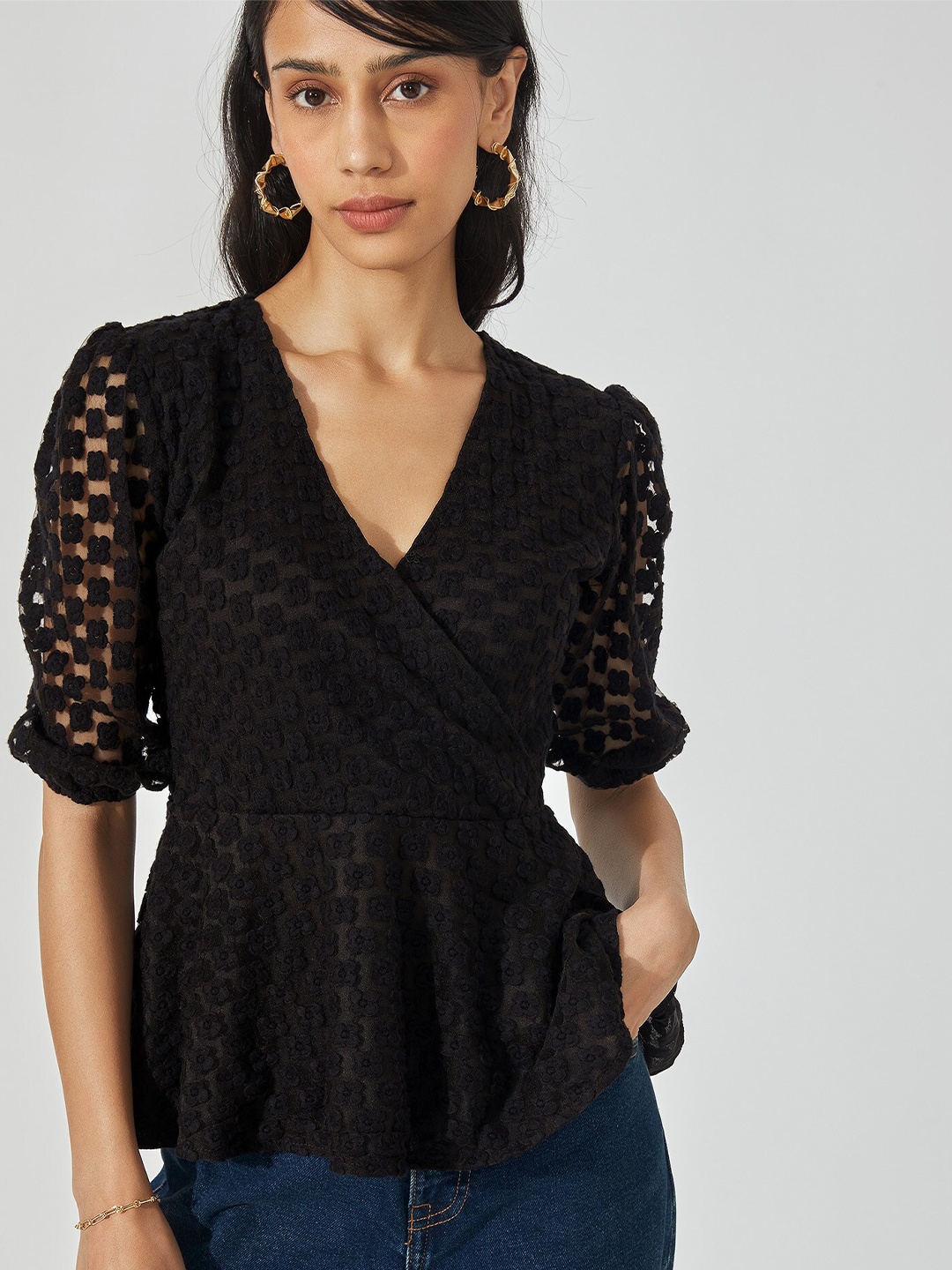 

The Label Life Black Embroidered Peplum Top