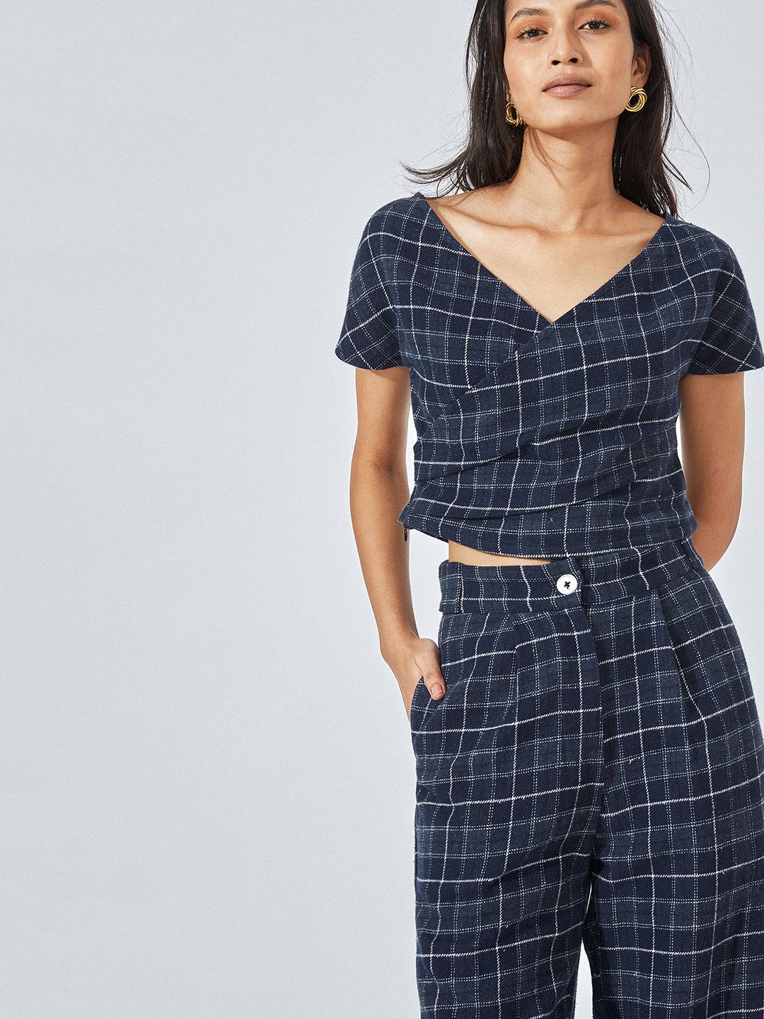 

The Label Life Navy Blue Checks Overlap Crop Top