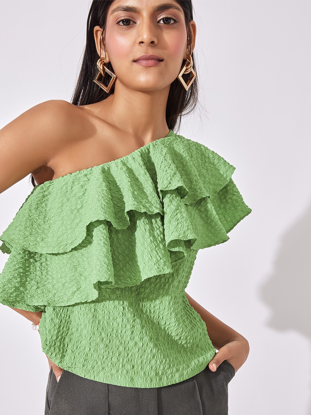 

The Label Life Green Leaf Ruffled One Shoulder Top