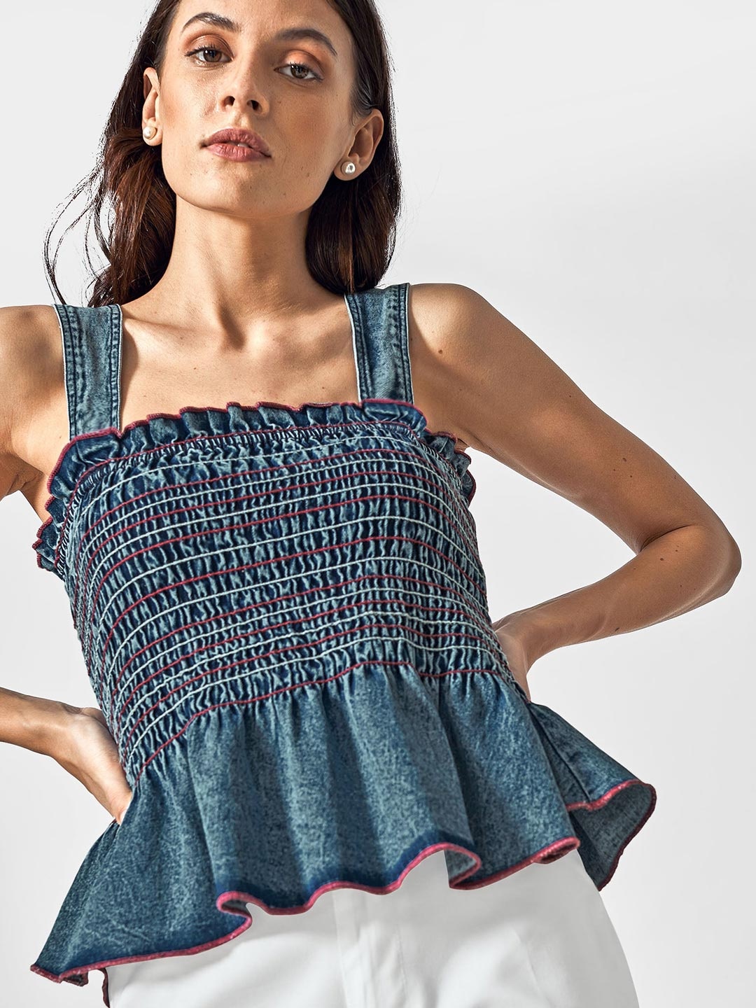 

The Label Life Blue Denim Ruffle Sleeveless Top