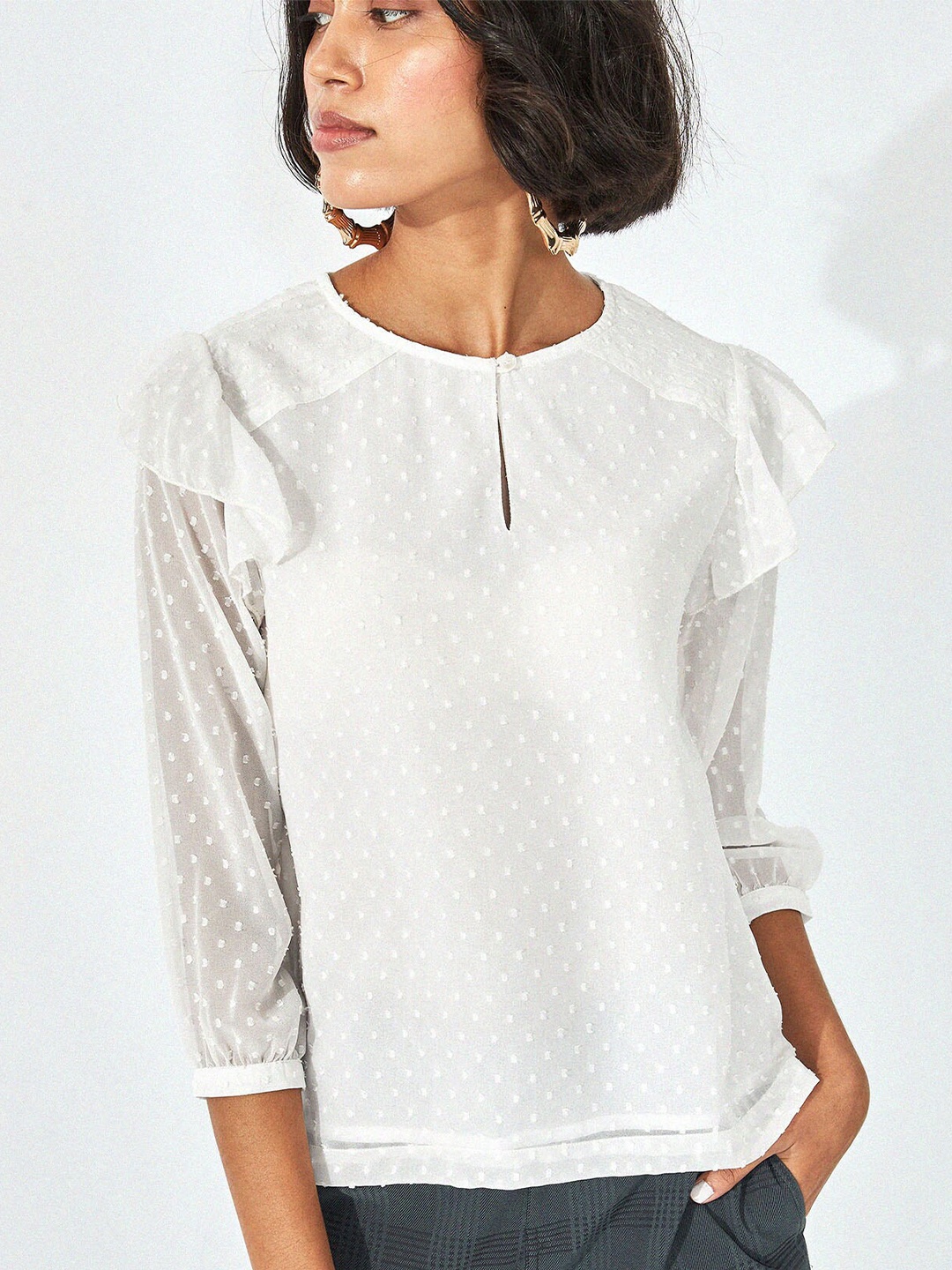 

The Label Life White Keyhole Neck Ruffle Yoke Top