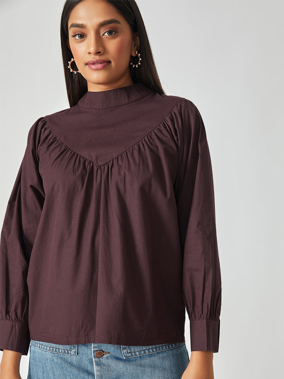 

The Label Life Maroon Cuffed Sleeves High Neck Pure Cotton Pleated Top