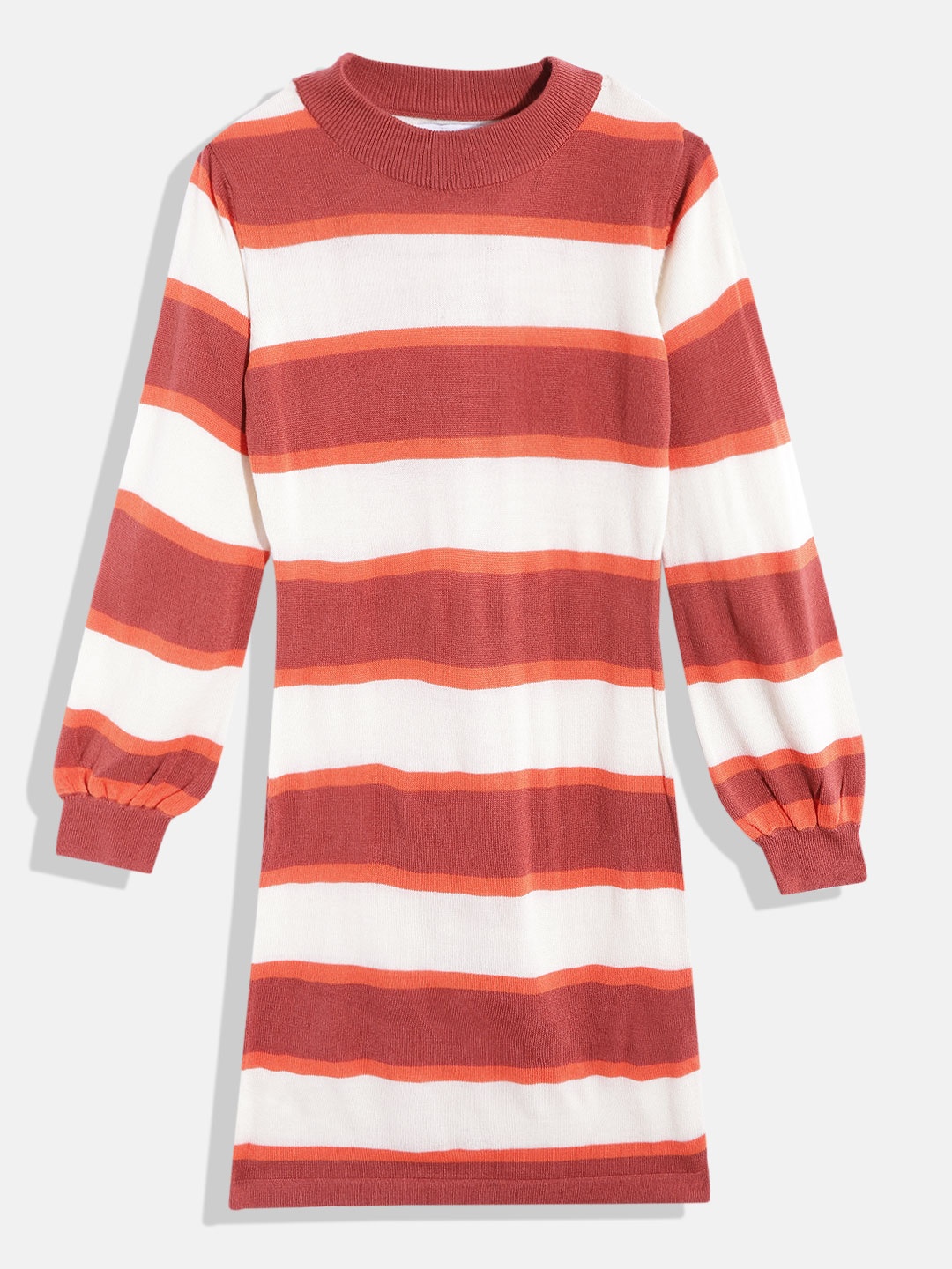 

M&H Juniors Girls Brown & White Striped Round Neck Sweater Dress
