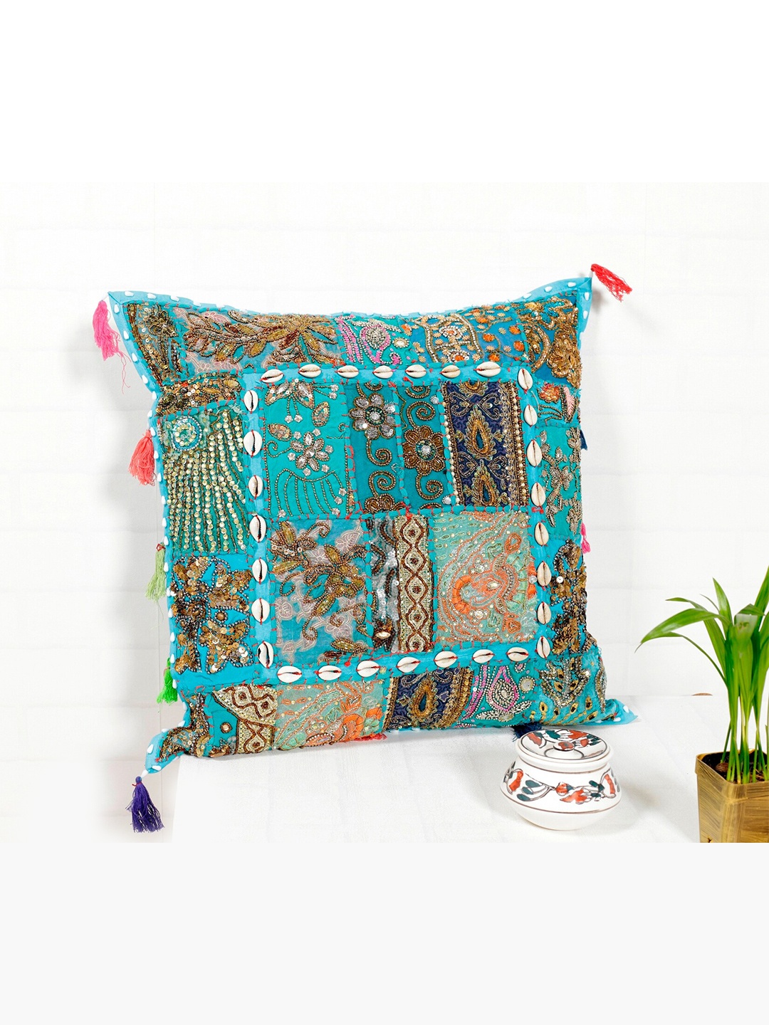 

HANDICRAFT PALACE Turquoise Blue & White Embroidered Square Cushion Covers