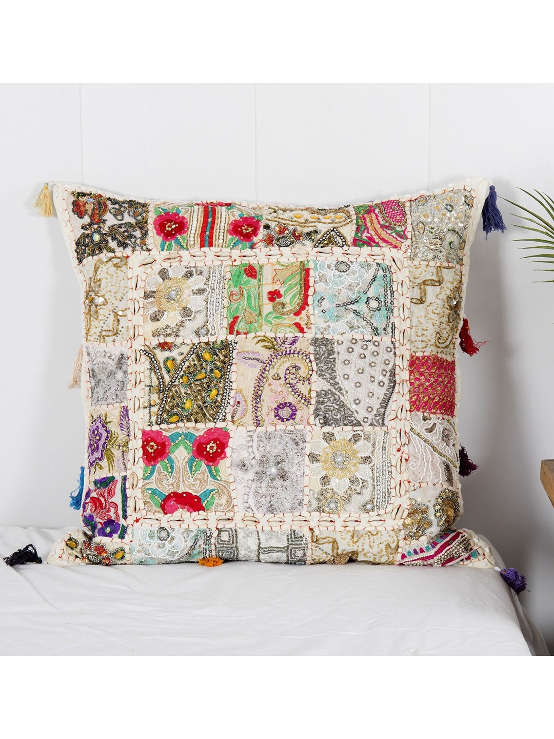 

HANDICRAFT PALACE White & Red Embroidered Square Cushion Covers