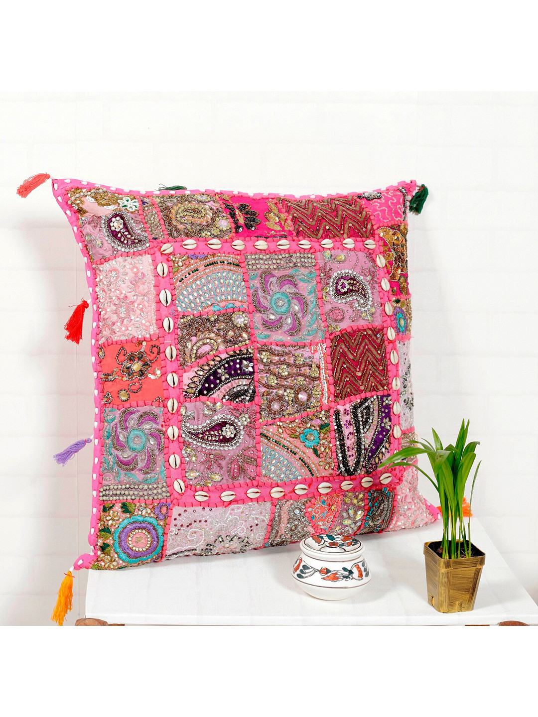 

HANDICRAFT PALACE Pink & Blue Embellished Square Cushion Covers