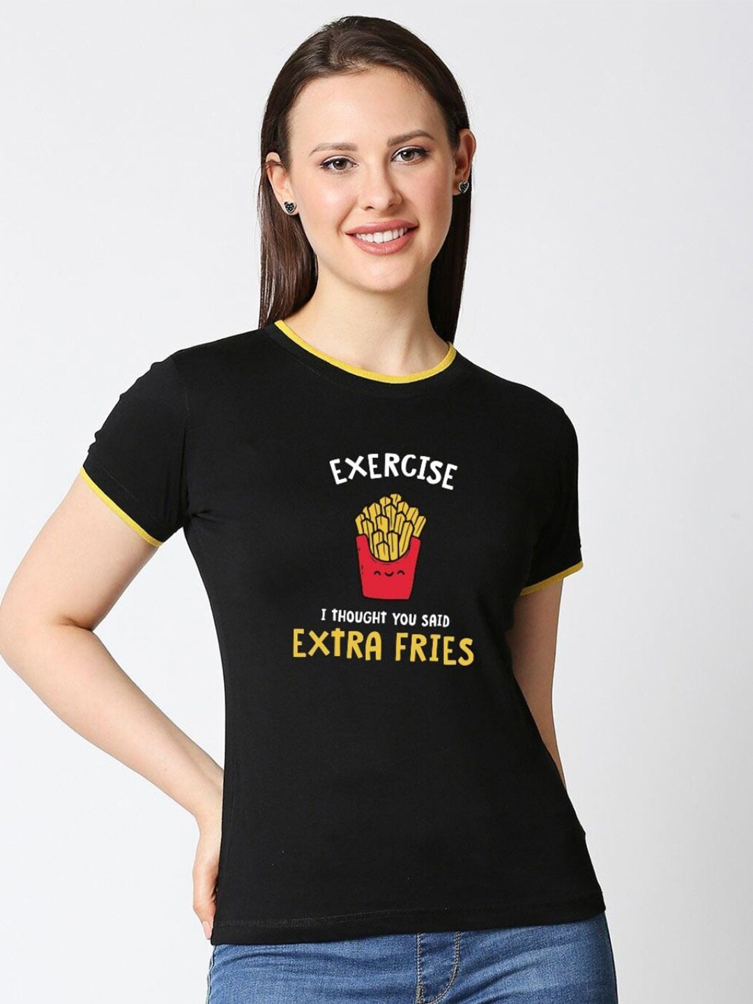 

Bewakoof Women Black Printed Pure Cotton Slim Fit T-shirt
