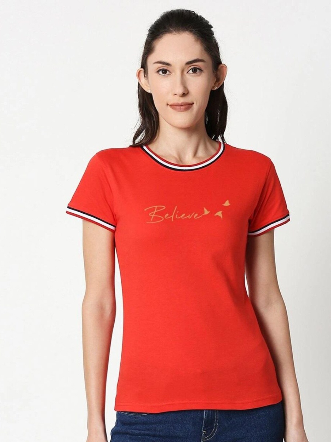 

Bewakoof Women Red Typography Printed Pure Cotton Slim Fit T-shirt
