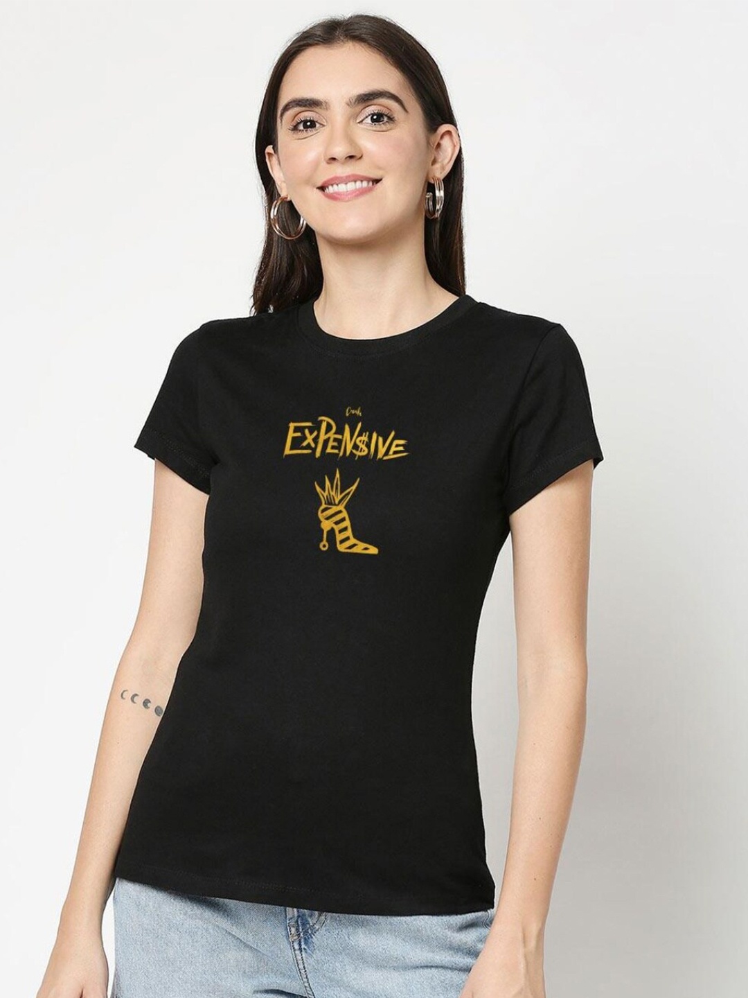 

Bewakoof Women Black Typography Printed Pure Cotton Slim Fit T-shirt
