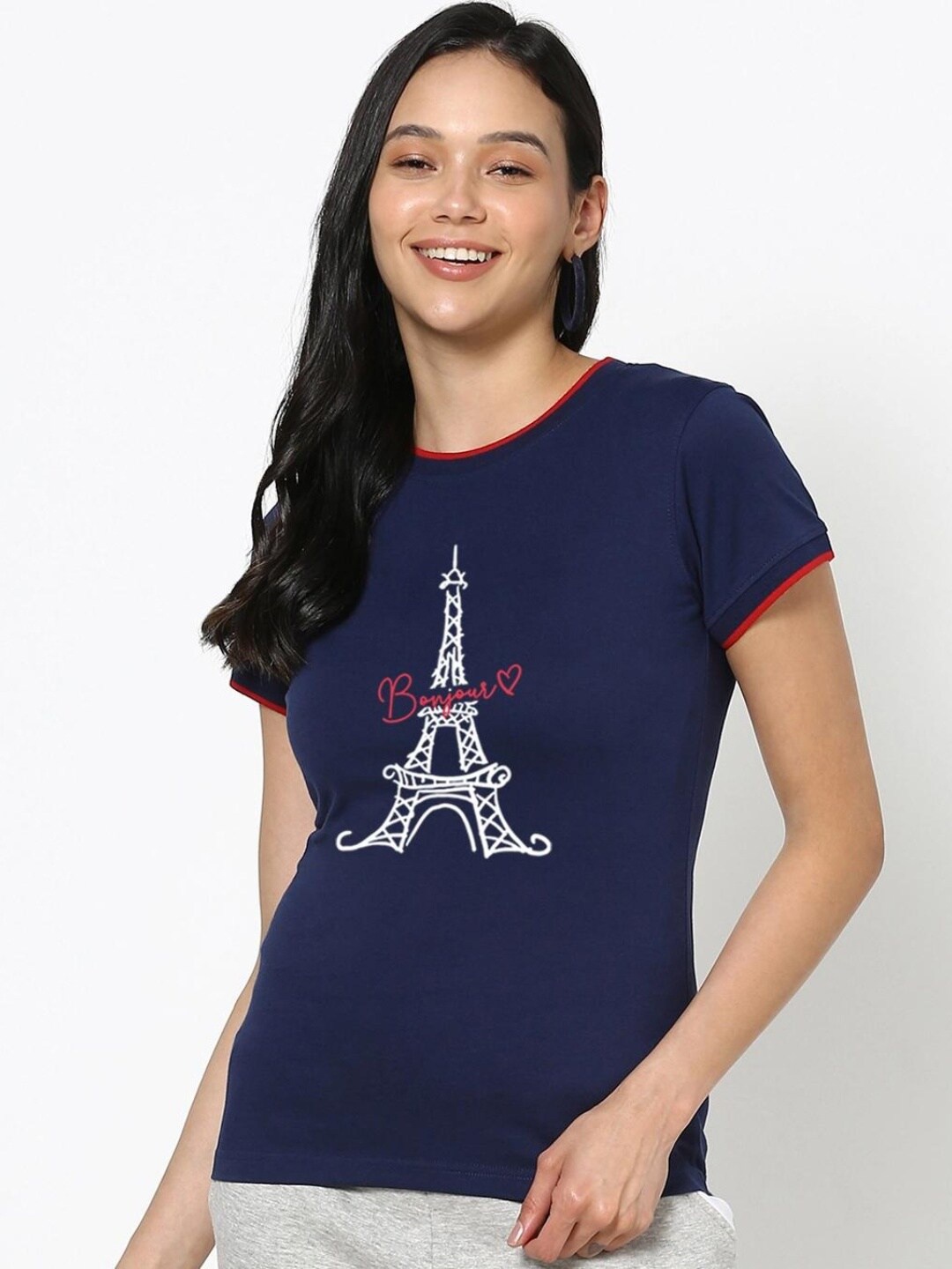 

Bewakoof Women Blue Printed Pure Cotton T-shirt