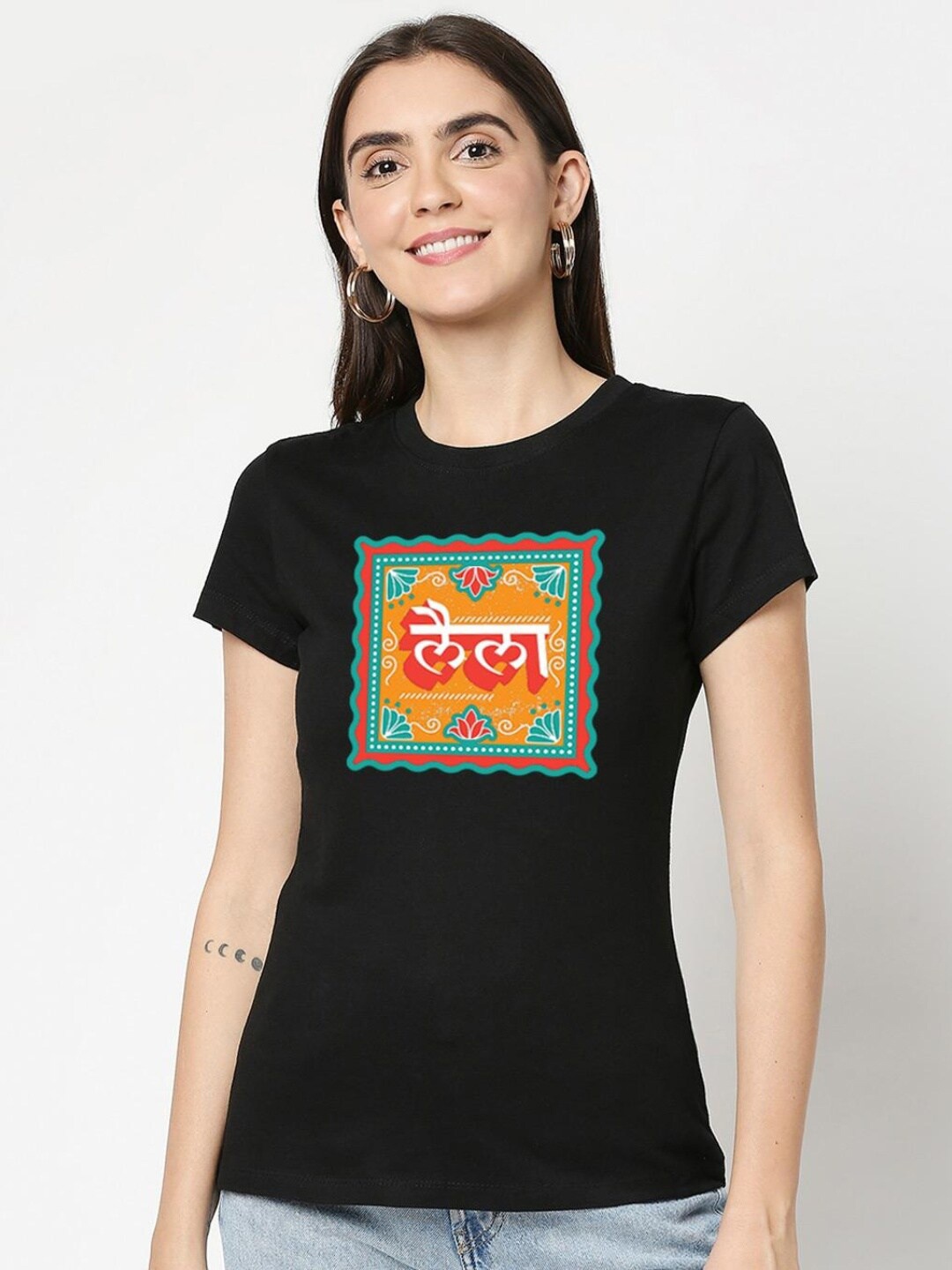 

Bewakoof Women Black Typography Printed Pure Cotton Slim Fit T-shirt
