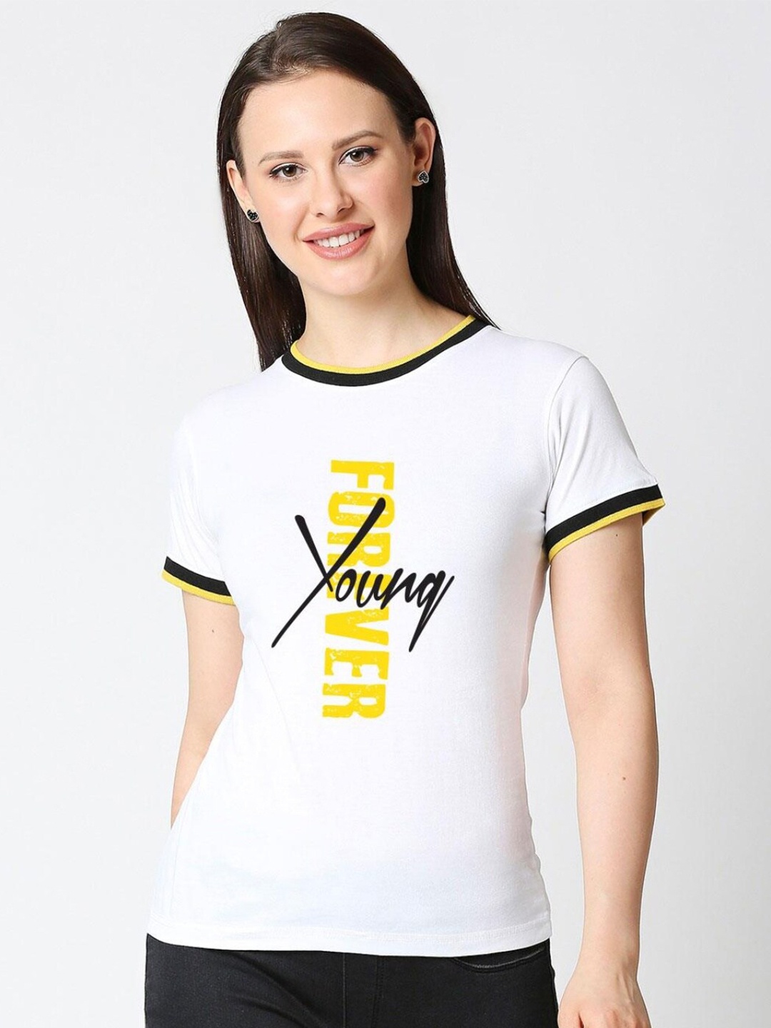 

Bewakoof Women White & Yellow Typography Printed Pure Cotton Slim Fit T-shirt
