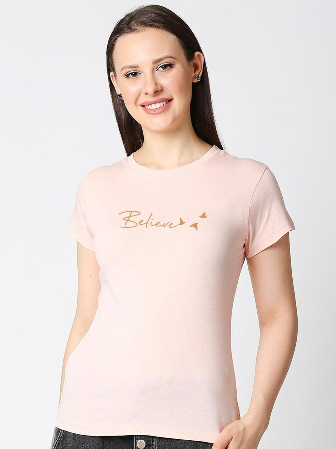 

Bewakoof Women Pink Typography Extended Sleeves Pure Cotton Slim Fit T-shirt