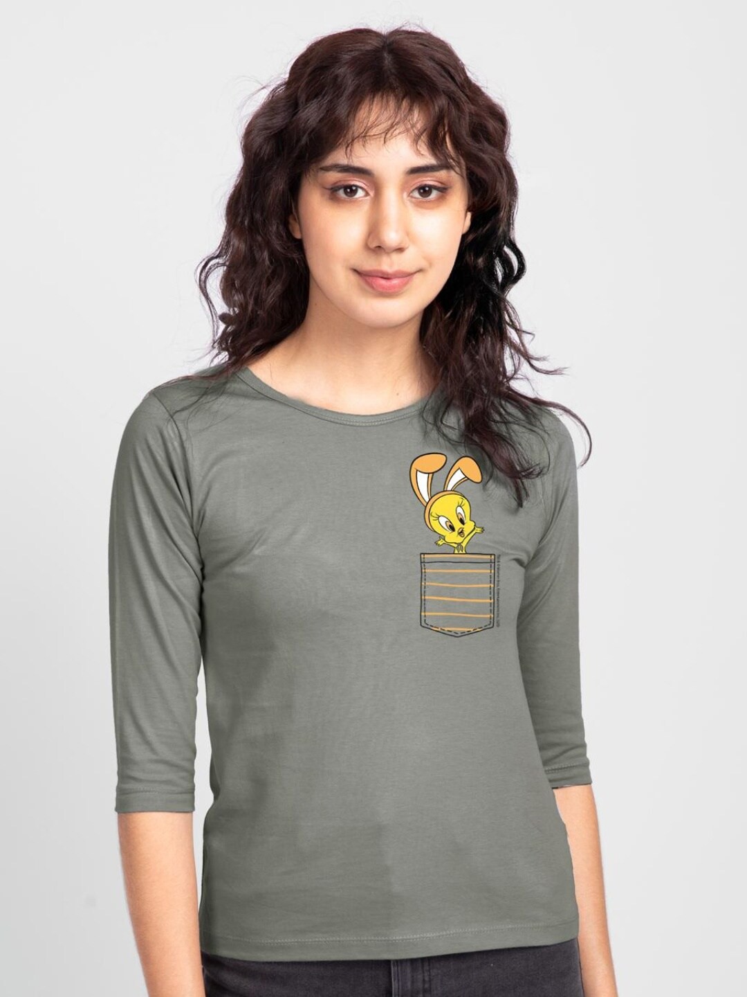 

Bewakoof Women Grey Printed Sleeves Pure Cotton Slim Fit T-shirt