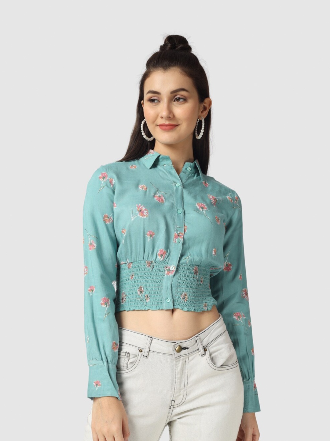 

The Label Bar Women Blue Floral Print Shirt Style Crop Top