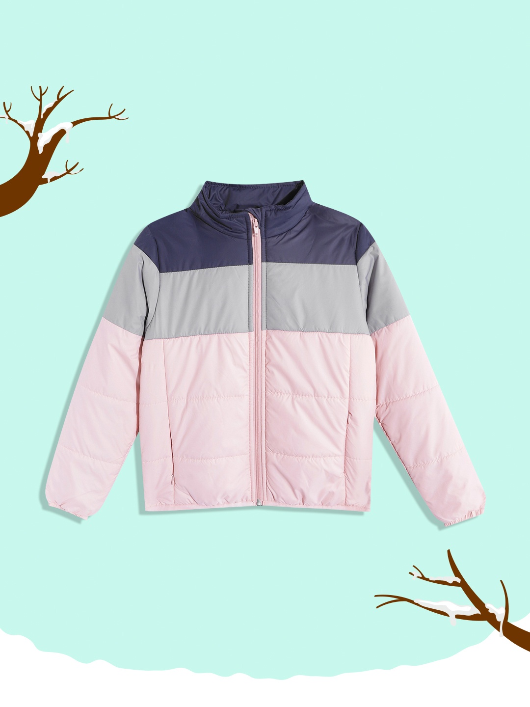 

M&H Juniors Girls Pink & Grey Colourblocked Mock Collar Padded Jacket