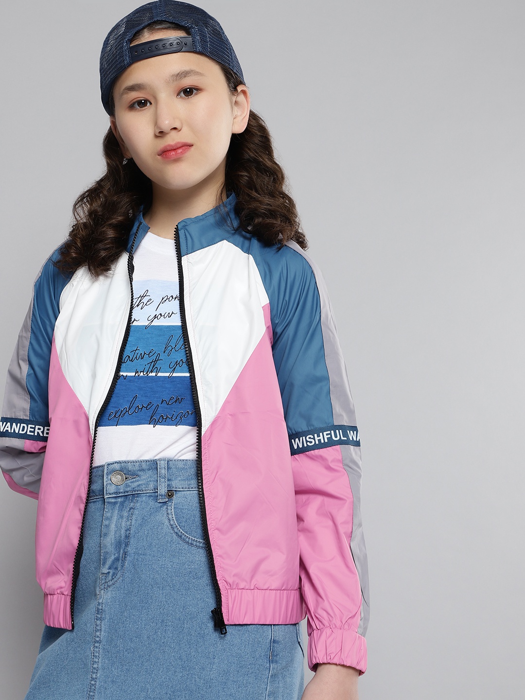 

M&H Juniors Girls Pink & White Colourblocked Mock Collar Tailored Jacket