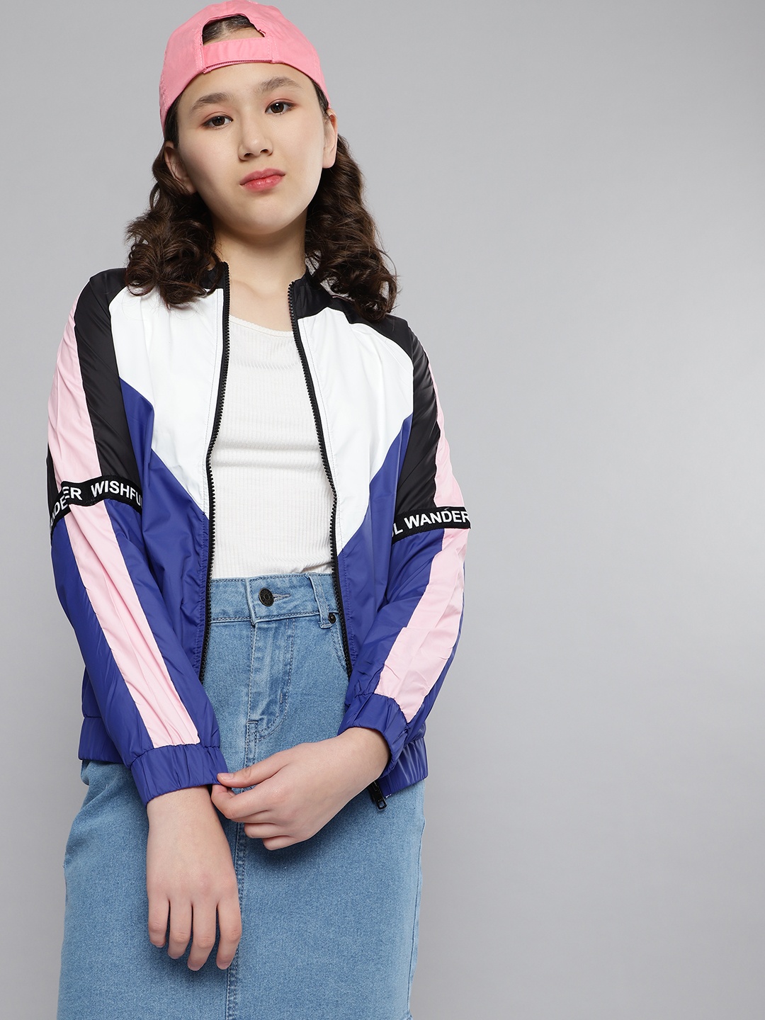

M&H Juniors Girls Blue & White Colourblocked Mock Collar Tailored Jacket