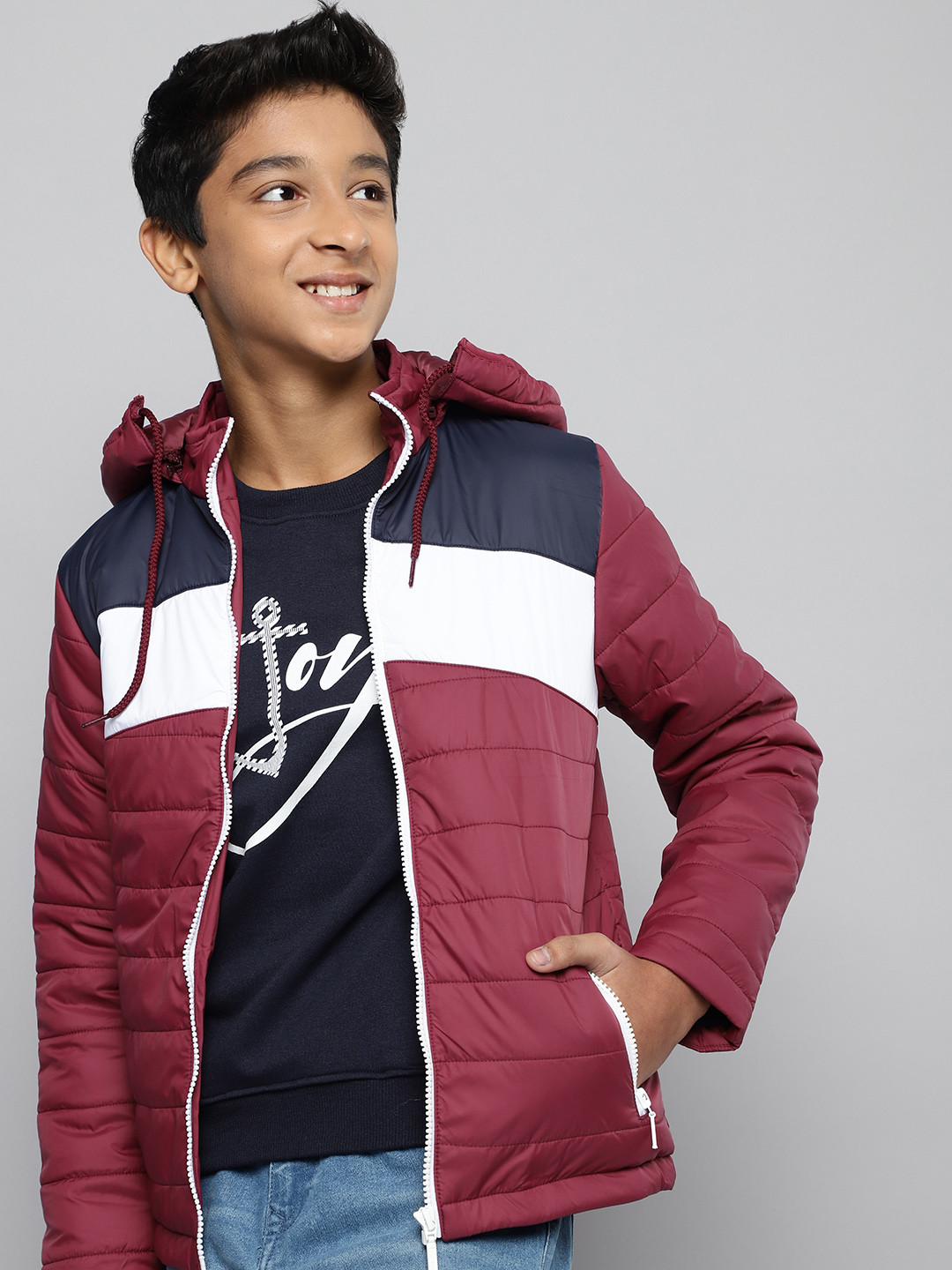 

M&H Juniors Boys Maroon & Black Colourblocked Padded Jacket