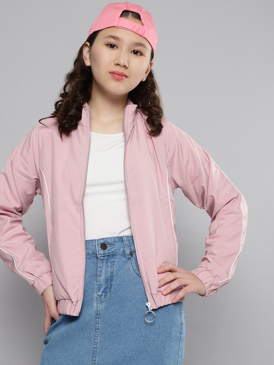 

M&H Juniors Girls Pink Solid Mock Collar Bomber Jacket