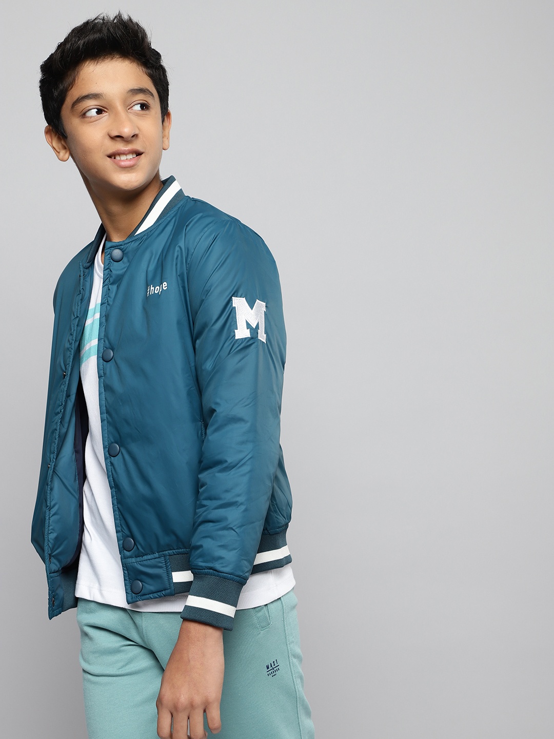 

M&H Juniors Boys Teal Blue Solid Bomber Jacket