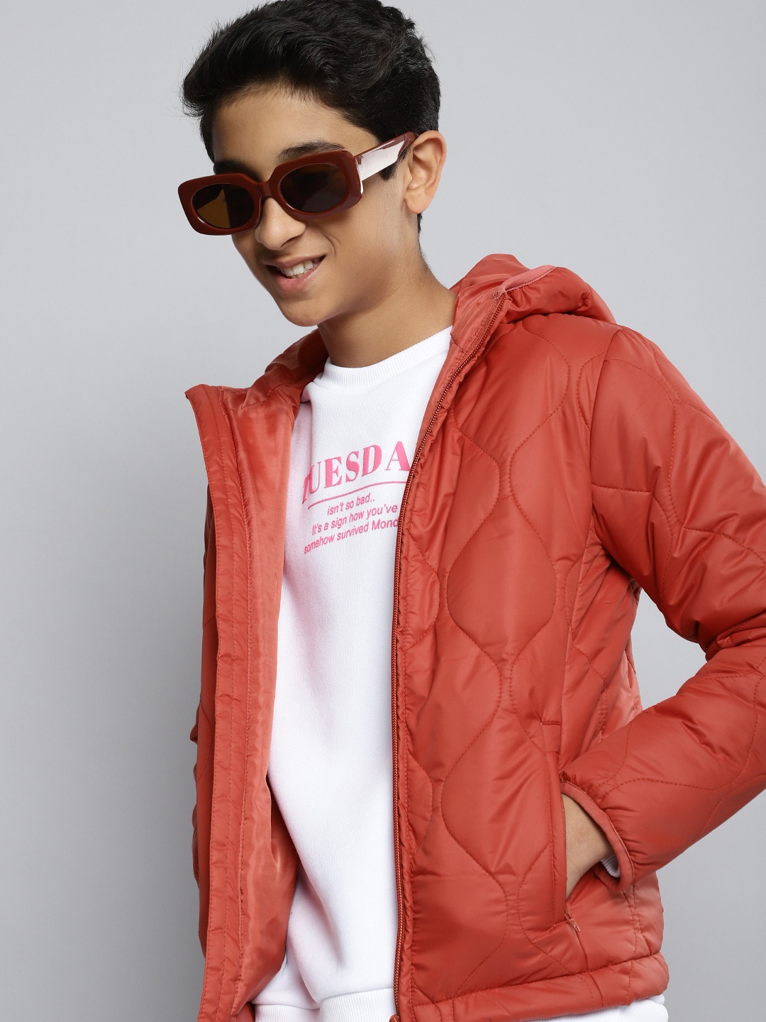 

M&H Juniors Boys Rust Red Thread Work Hooded Padded Jacket