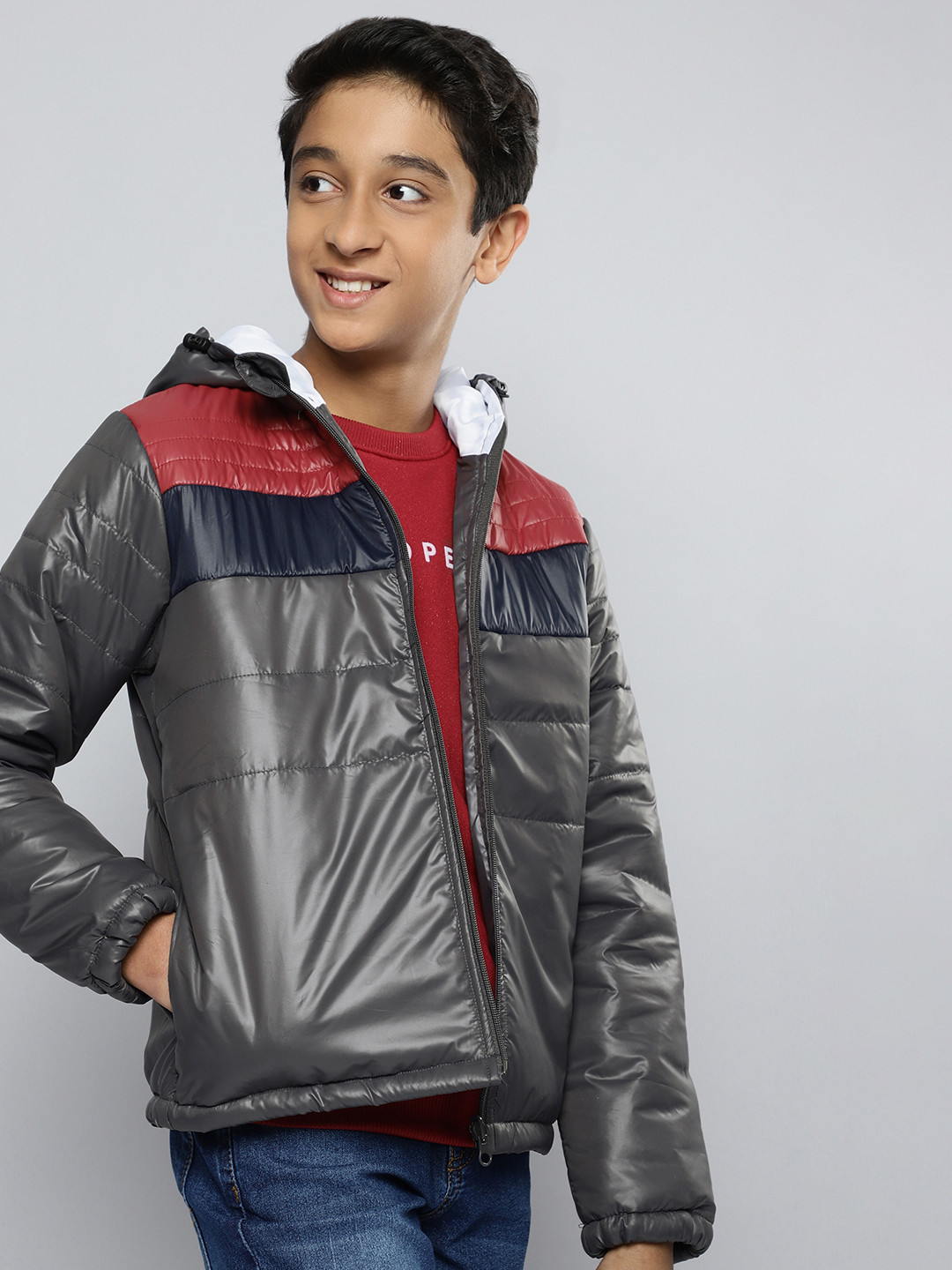 

M&H Juniors Boys Grey & Navy Blue Striped hooded Padded Jacket