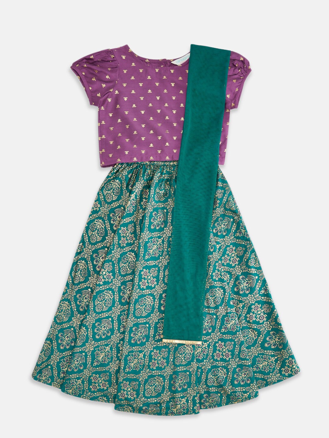 

AKKRITI BY PANTALOONS Girls Teal & Violet Printed Ready to Wear Lehenga & Blouse With Dupatta