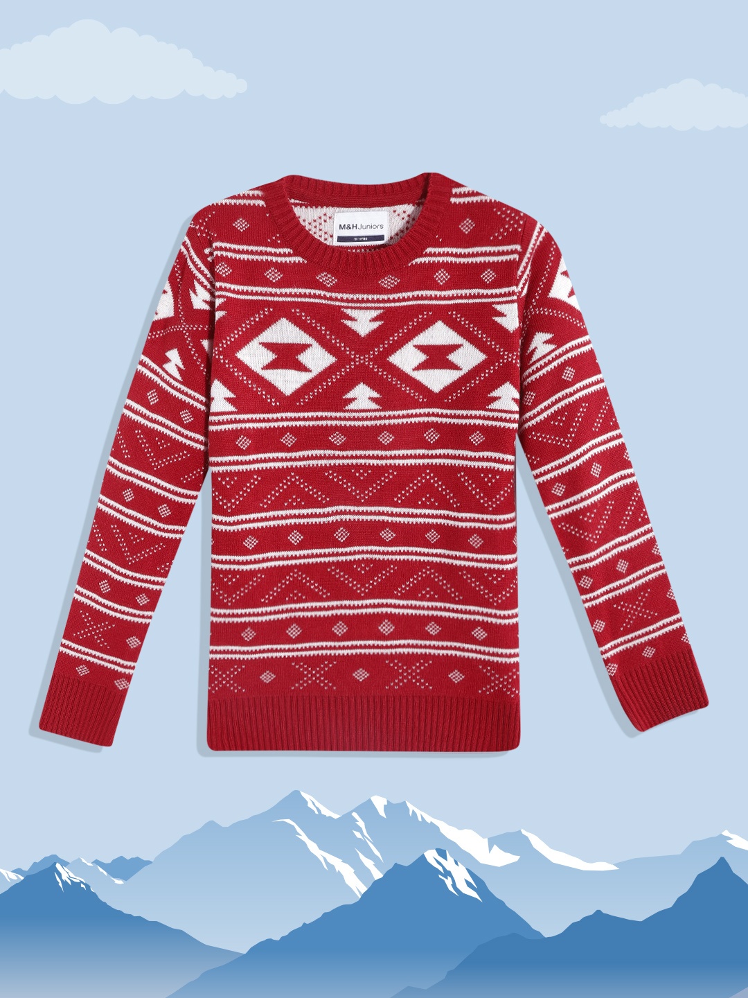 

M&H Juniors Girls Red & White Geometric Printed Pullover