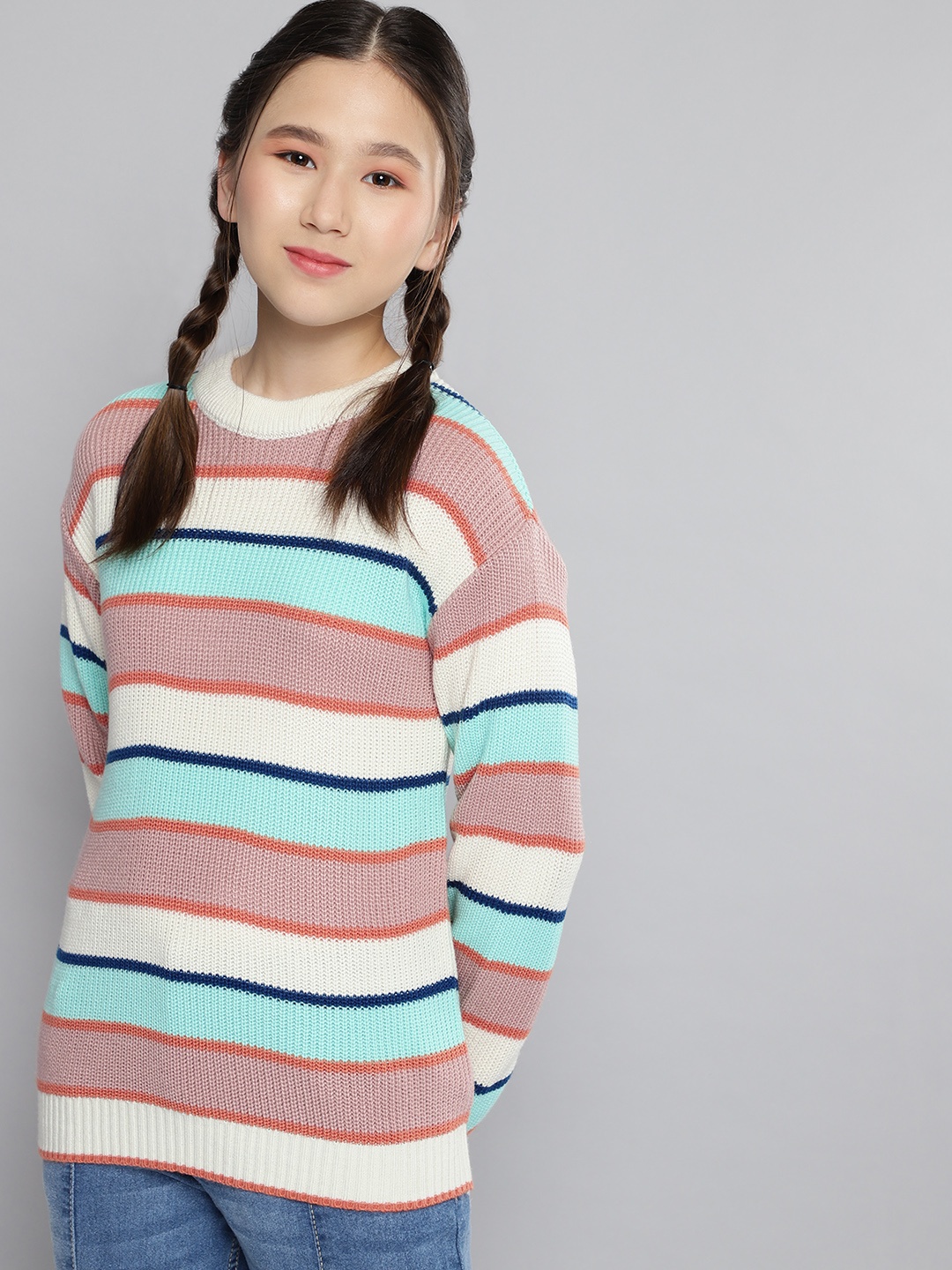 

M&H Juniors Girls Off White & Peach-Coloured Striped Pullover