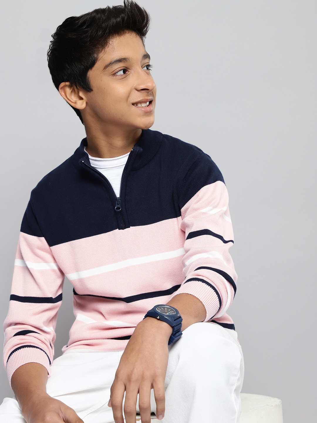 

M&H Juniors Boys Navy Blue & Peach-Coloured Pure Cotton Mock Collar Striped Pullover