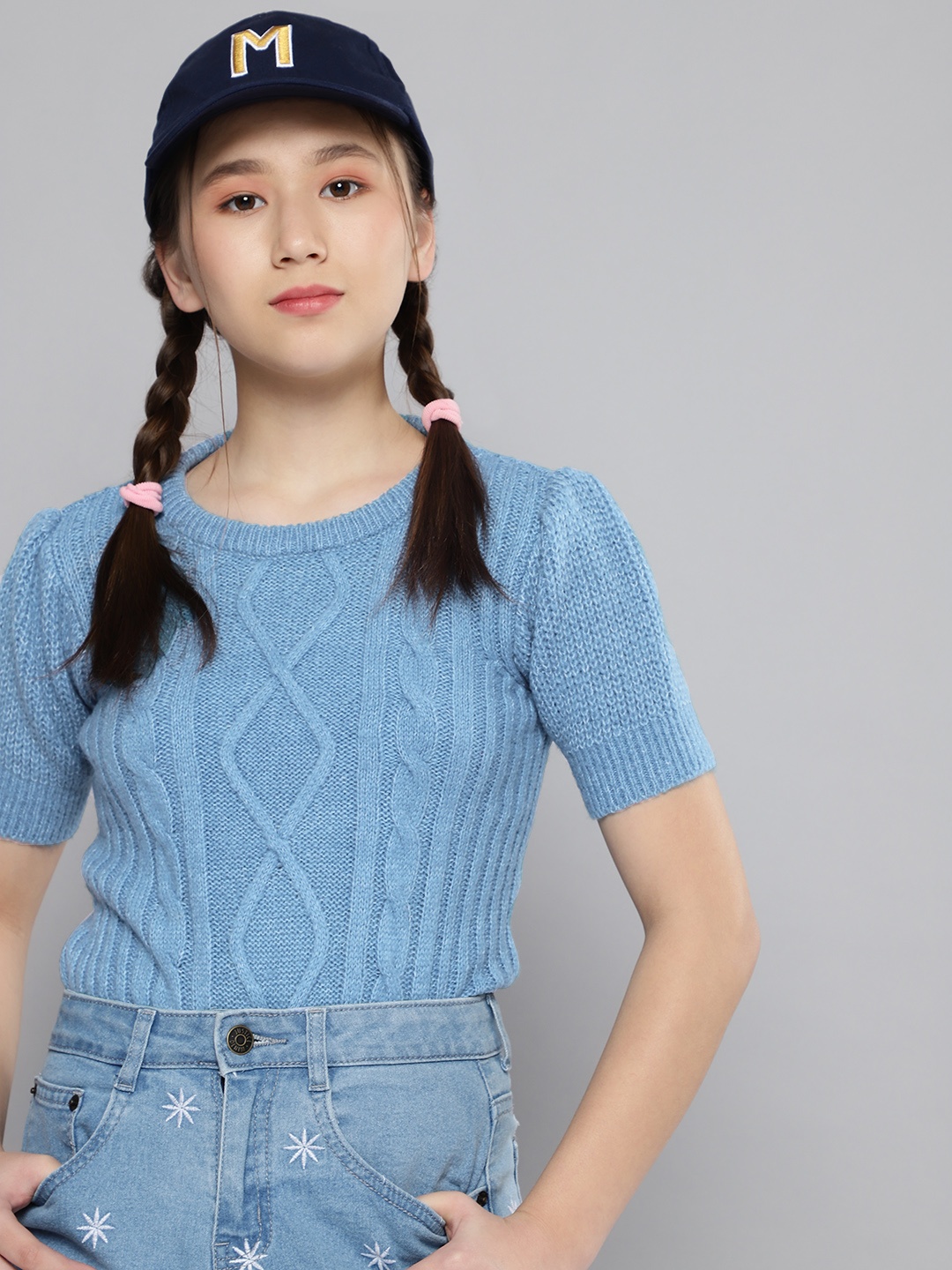 

M&H Juniors Girls Blue Solid Cable Knit Puff Sleeves Pullover
