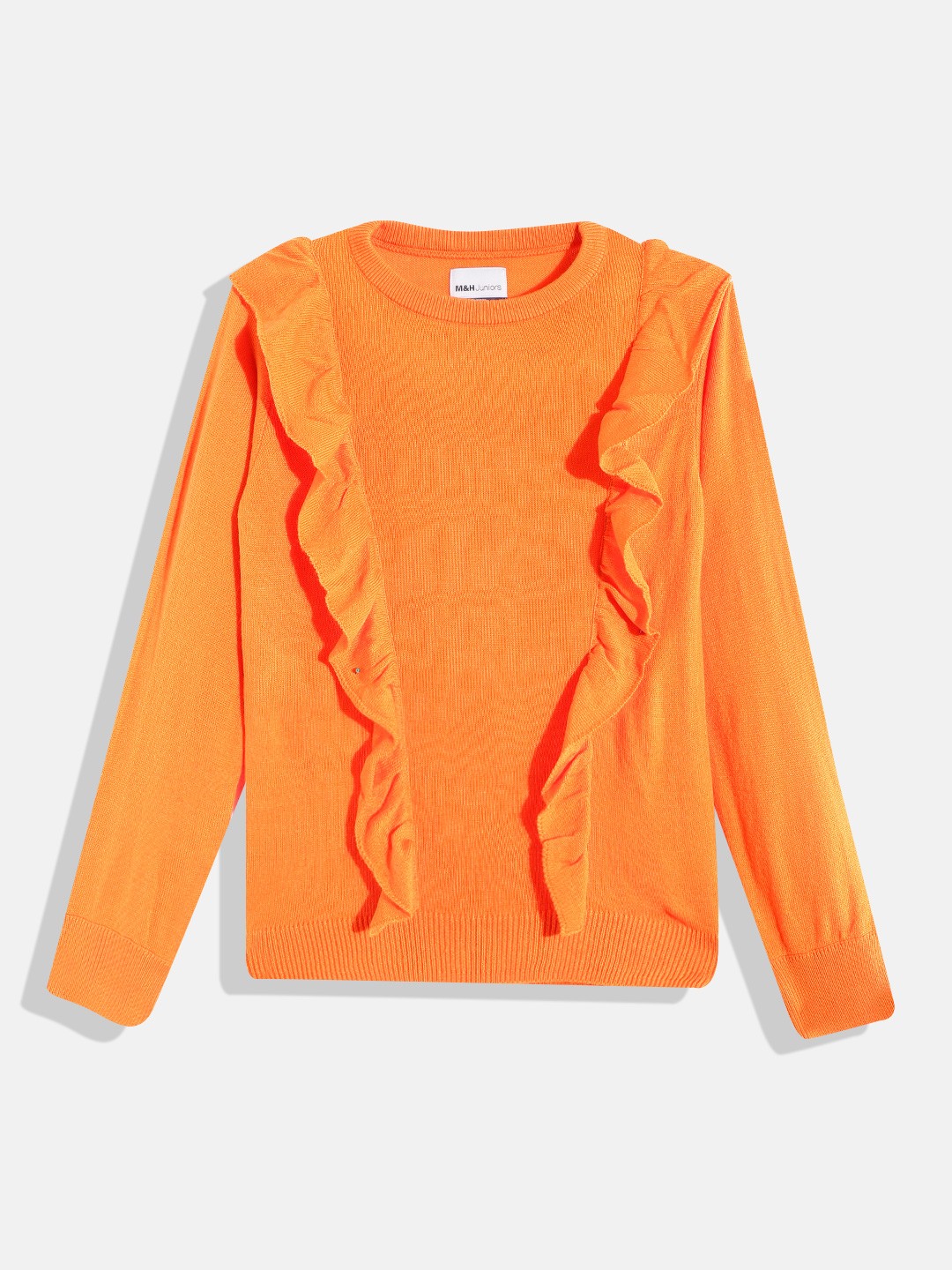 

M&H Juniors Girls Orange Solid Round Neck Acrylic Pullover