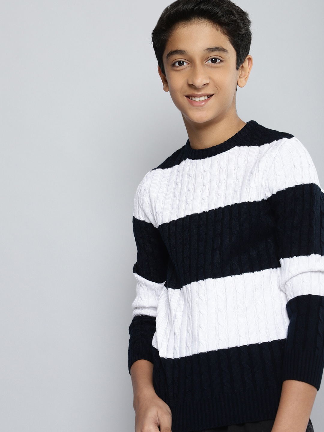 

M&H Juniors Boys Navy Blue & White Striped Self Design Acrylic Pullover