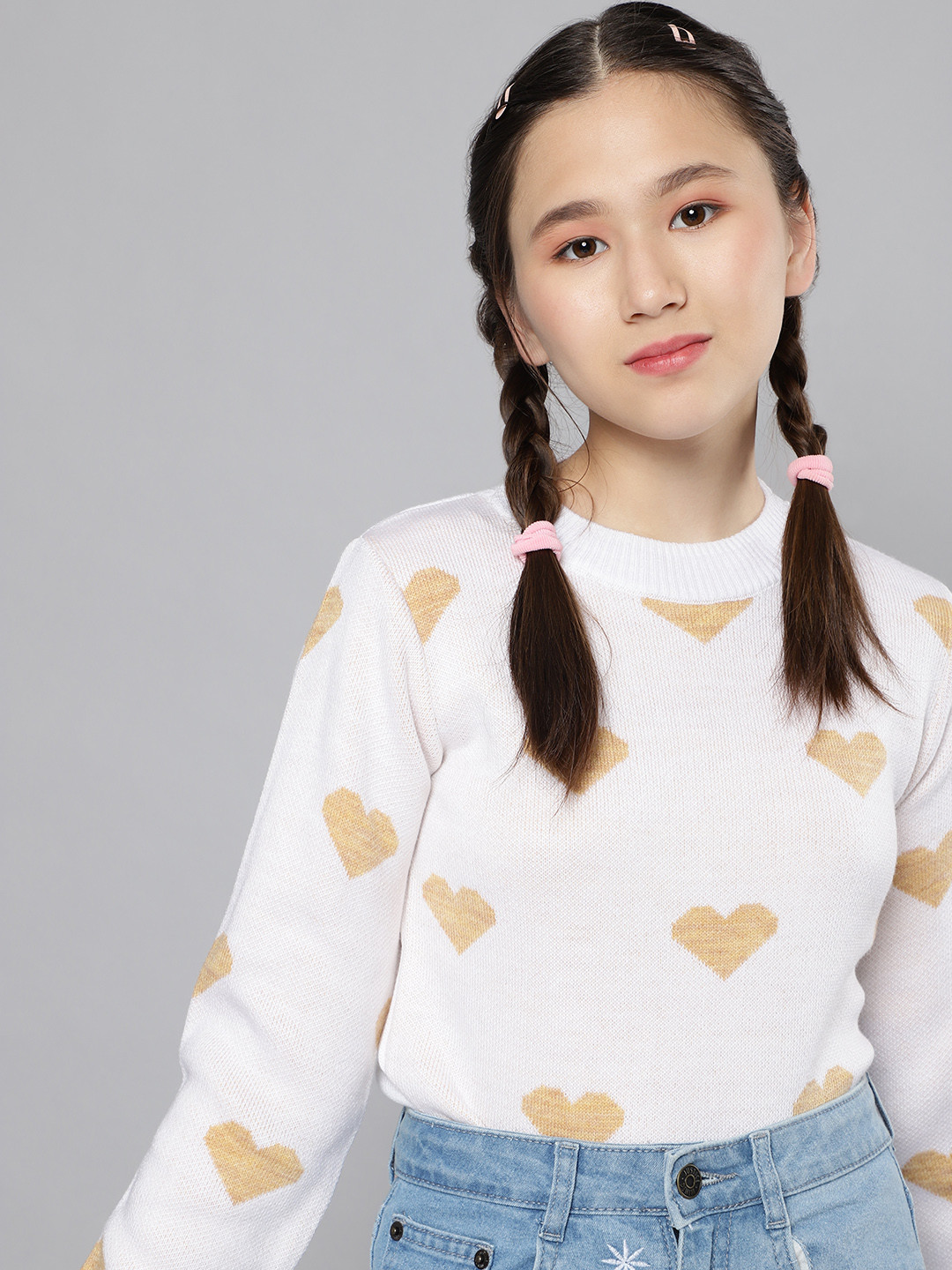 

M&H Juniors Girls Off White & Beige Conversational Printed Pullover