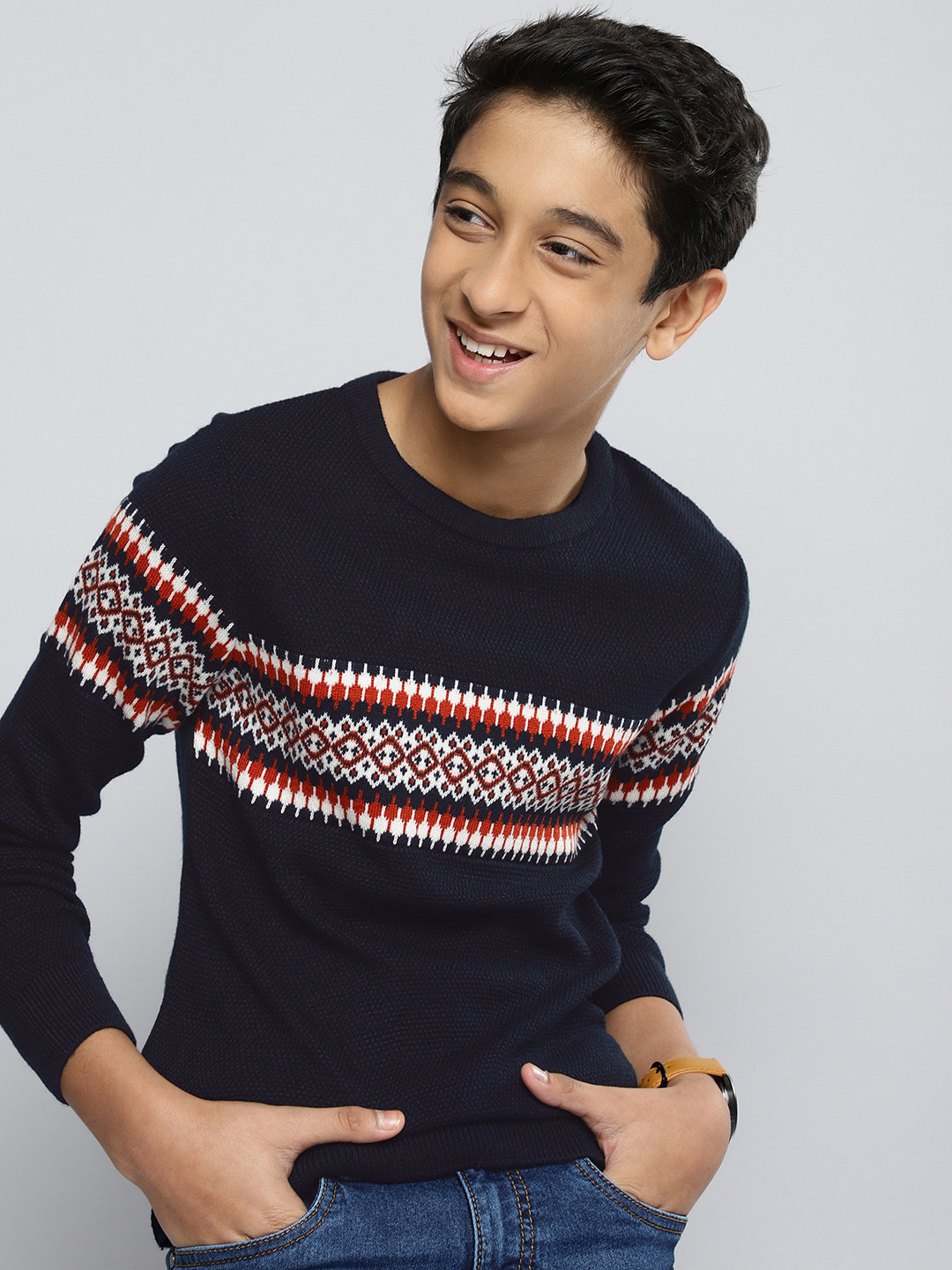

M&H Juniors Boys Navy Blue & Red Self Design Acrylic Pullover
