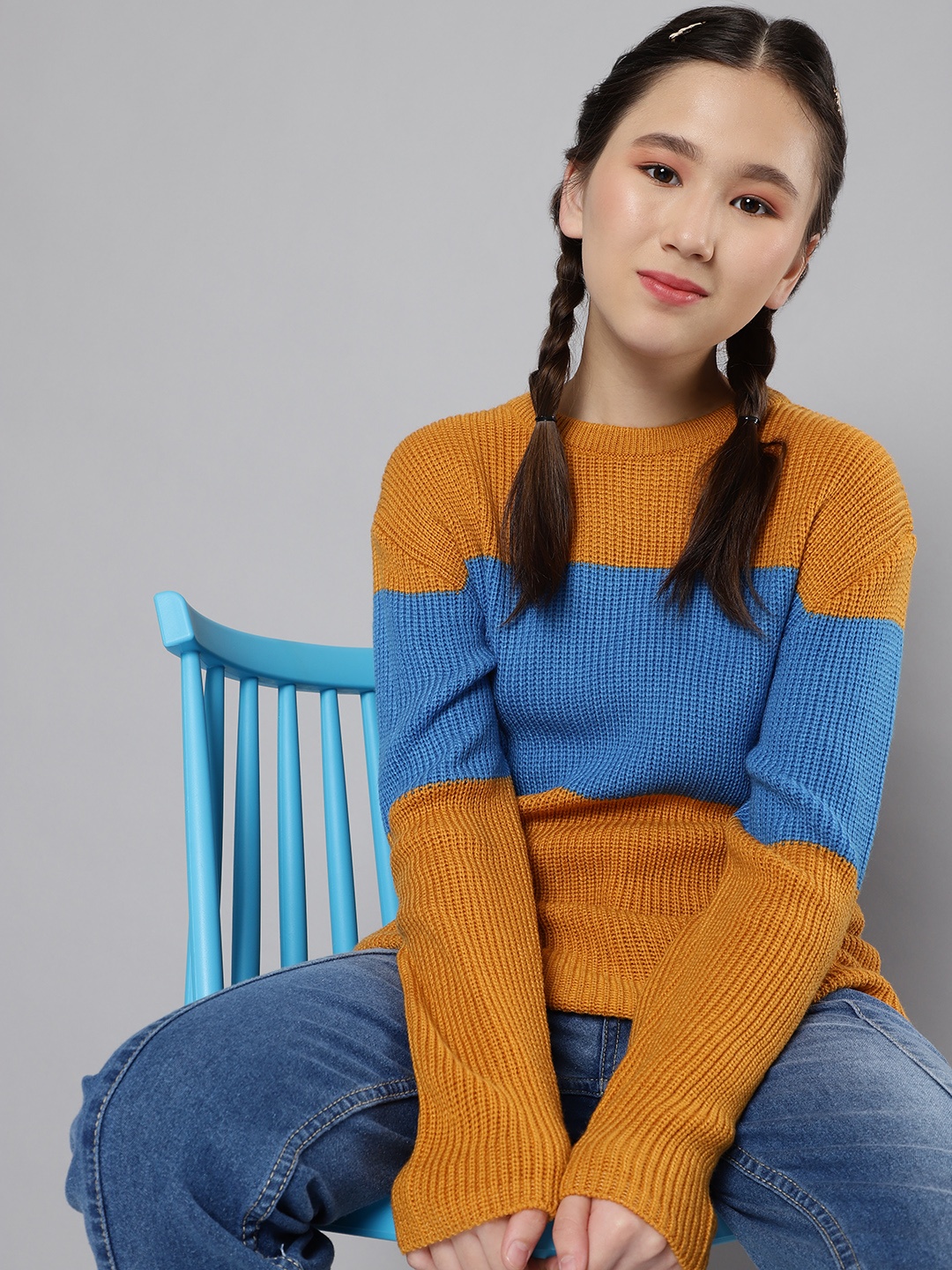 

M&H Juniors Girls Mustard Yellow & Blue Acrylic Colourblocked Pullover
