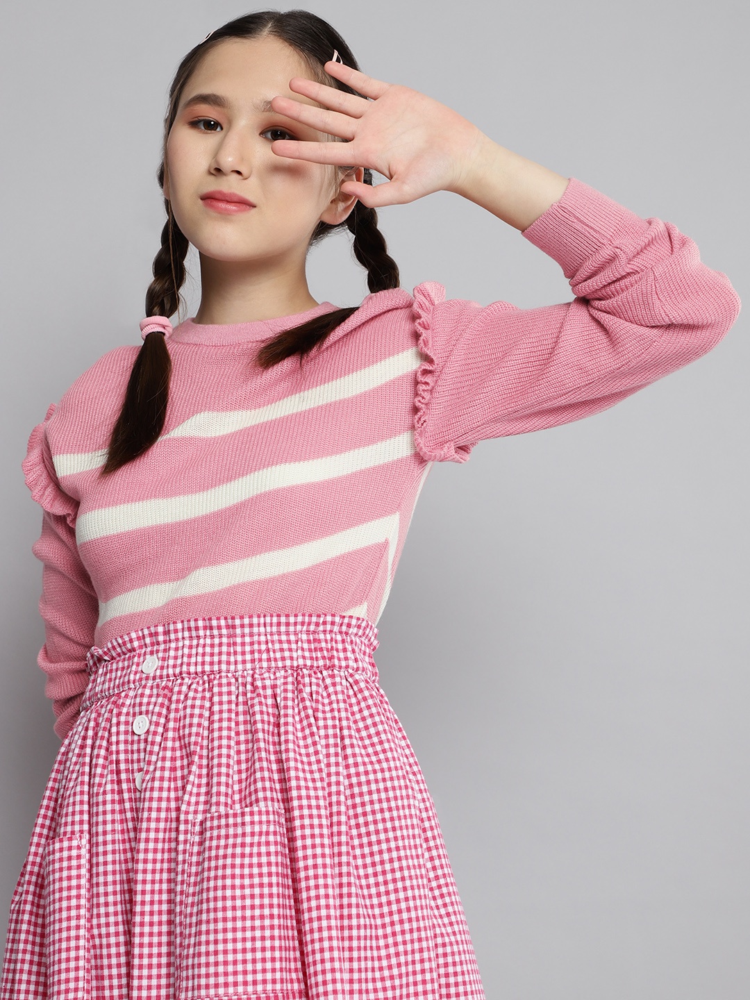 

M&H Juniors Girls Pink & White Striped Acrylic Pullover