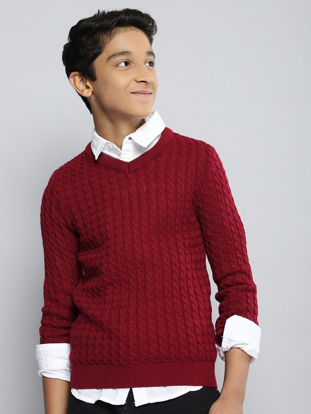

M&H Juniors Boys Maroon Solid Self Design Acrylic Pullover
