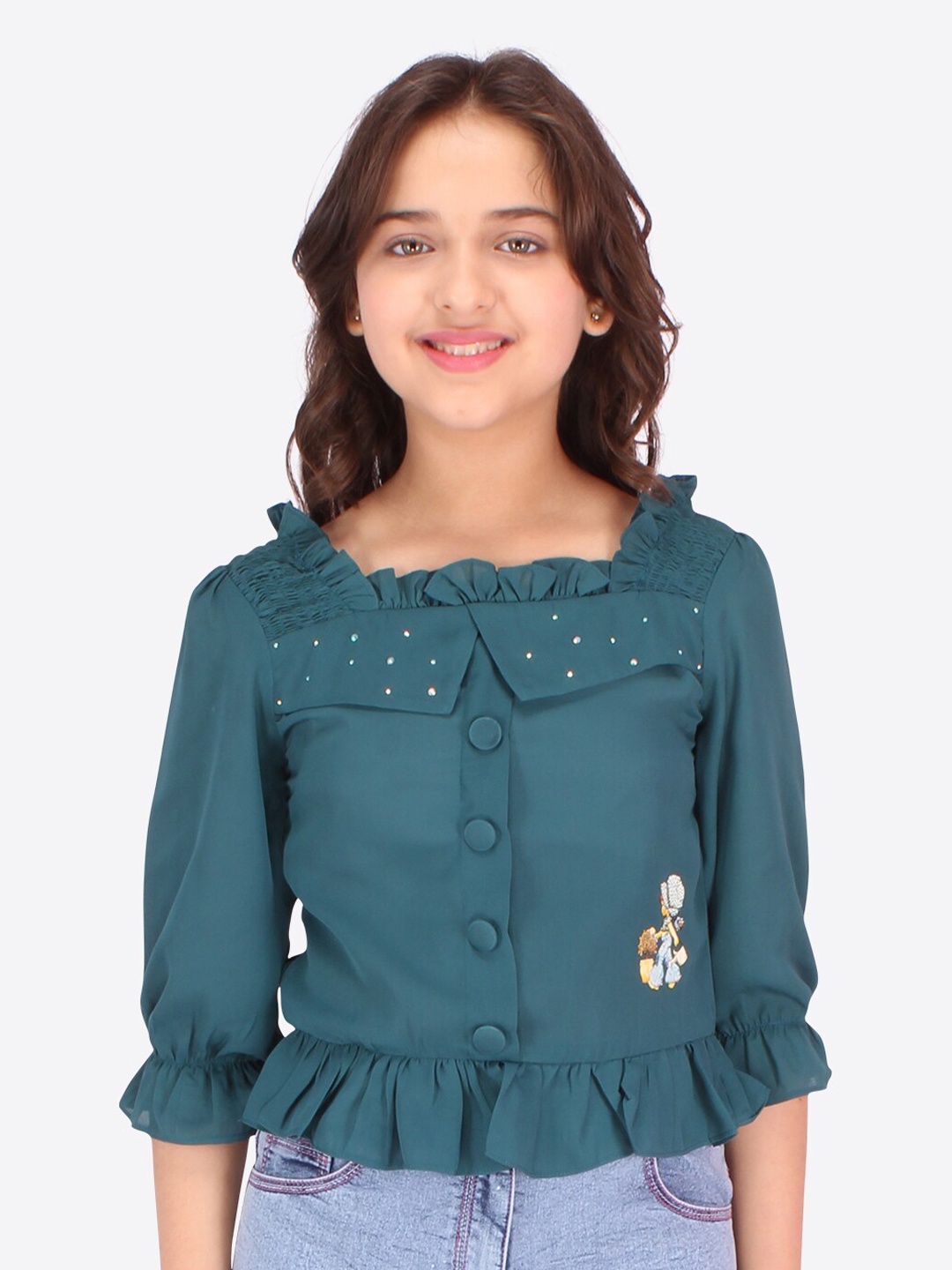 

CUTECUMBER Girls Green Ruffles Blouson Top