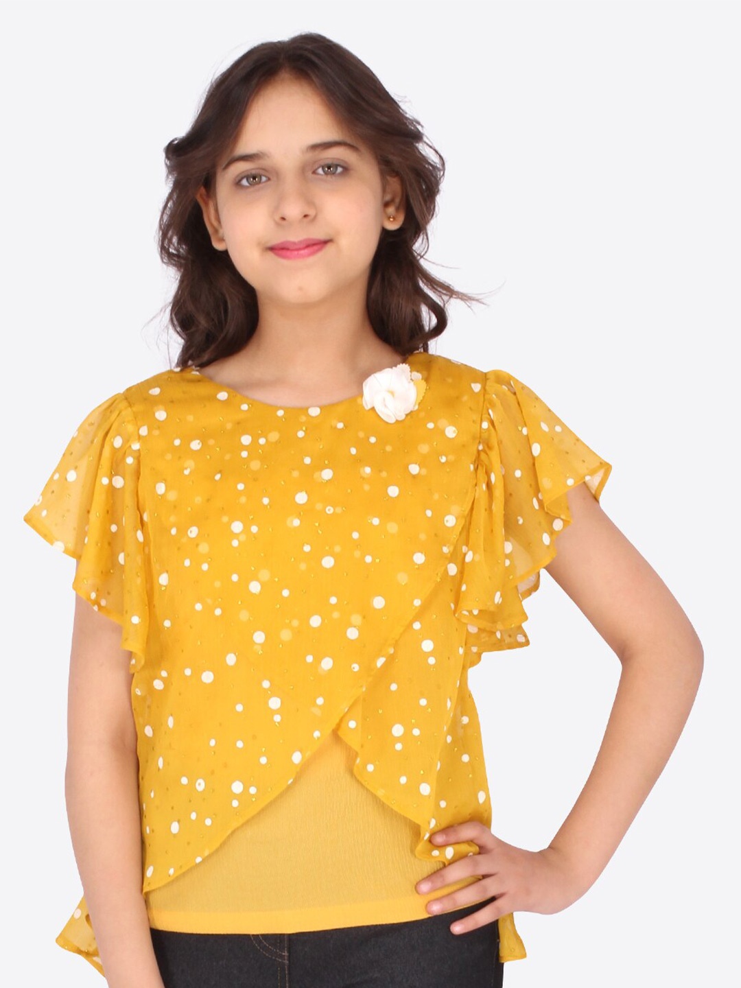 

CUTECUMBER Yellow Floral Print Applique Georgette Top